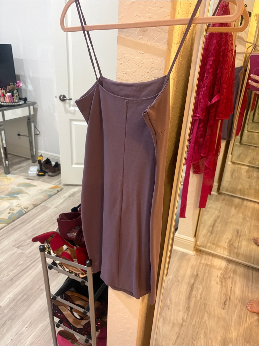 Slip Midi Dress in Mauve - Minimal Spaghetti Strap Dress - Picture 2 of 2